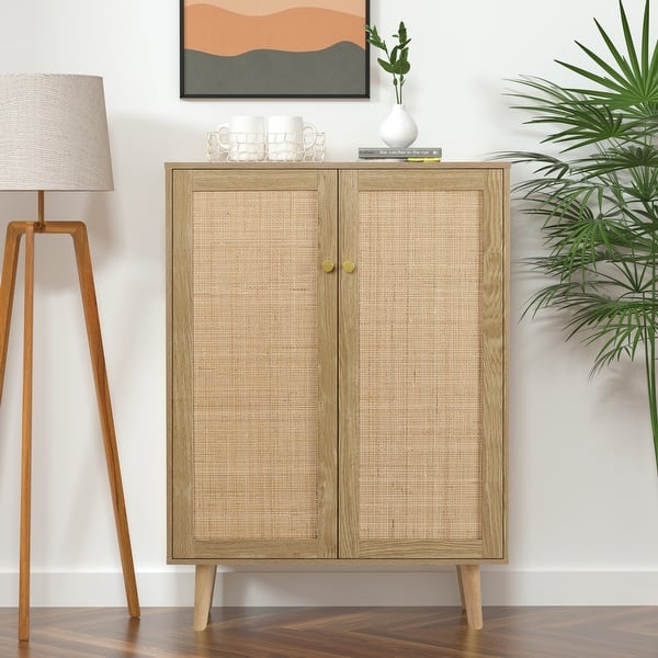 slide 2 of 21, Anmytek Modern 2-Door Rattan Buffet Sideboard Kitchen Storage Cabinet for Living Room Rustic Oak