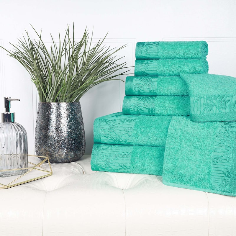 Superior Wisteria Cotton Floral Jacquard 8 Piece Bathroom Towel Set - Turquoise