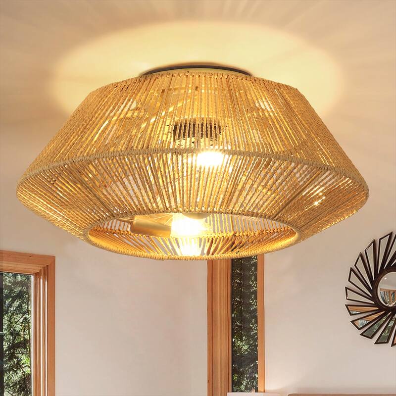 4-Light Boho Rattan Caged Ceiling Fan with Remote Control Flush Mount - Gold