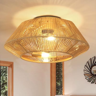 4-Light Boho Rattan Caged Ceiling Fan with Remote Control Flush Mount
