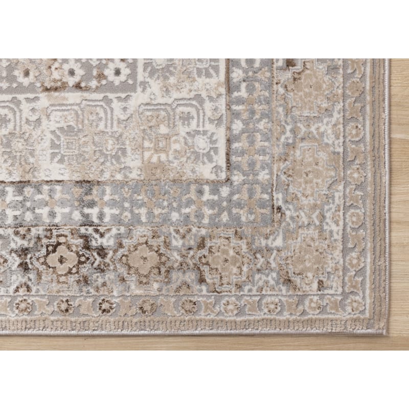 Cream Beige Grey Traditional Medallion Indoor Area Rug,