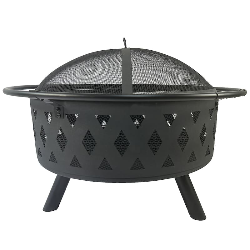 Wood Burning Outdoor Fire Pit Set 5 Piece Heavy Duty Powder Coated Steel with Spark Screen Log Grate Poker - N/A