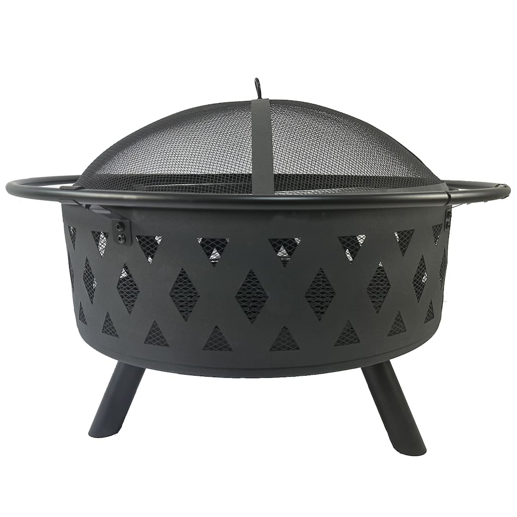 Wood Burning Outdoor Fire Pit Set 5 Piece Heavy Duty Powder Coated Steel with Spark Screen Log Grate Poker - N/A