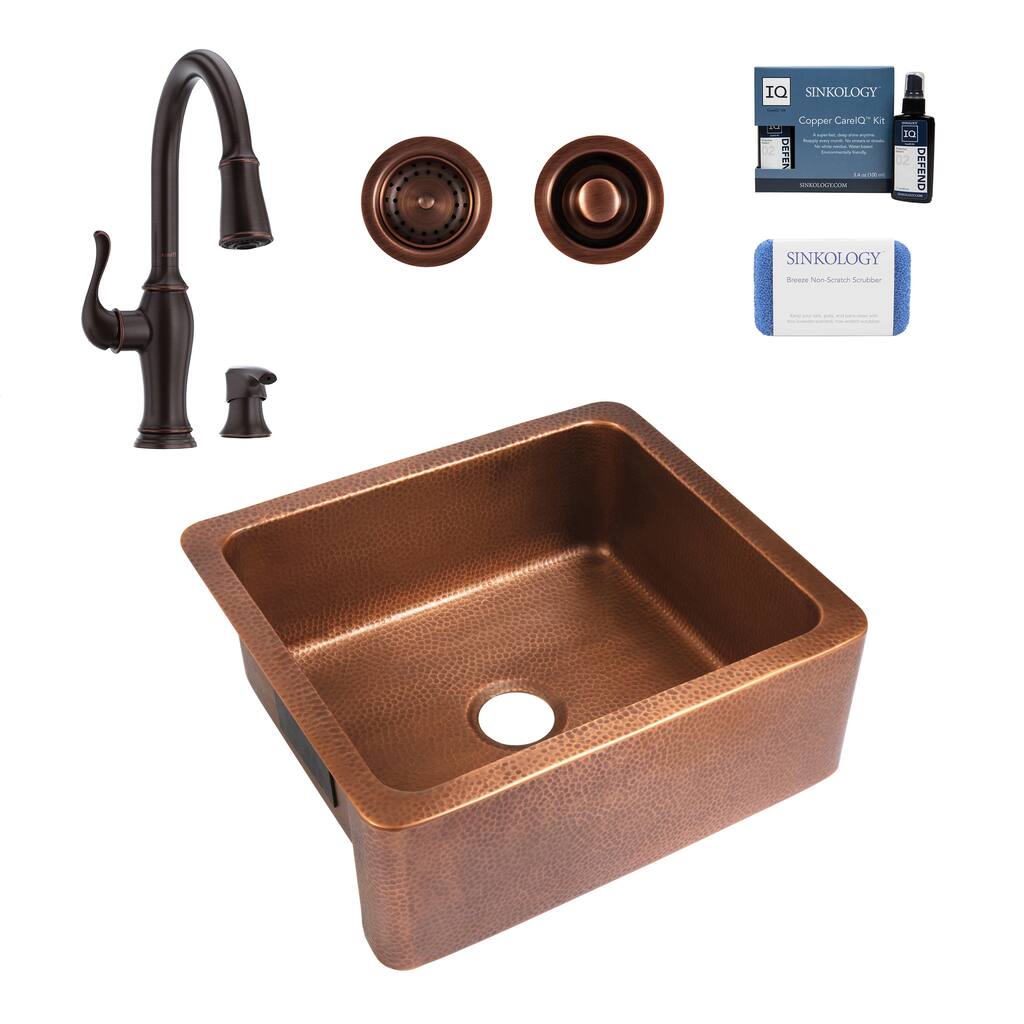 Lange Copper 25" Farmhouse Apron Front Undermount Single Bowl Kitchen Sink with Maren Bronze Faucet Kit