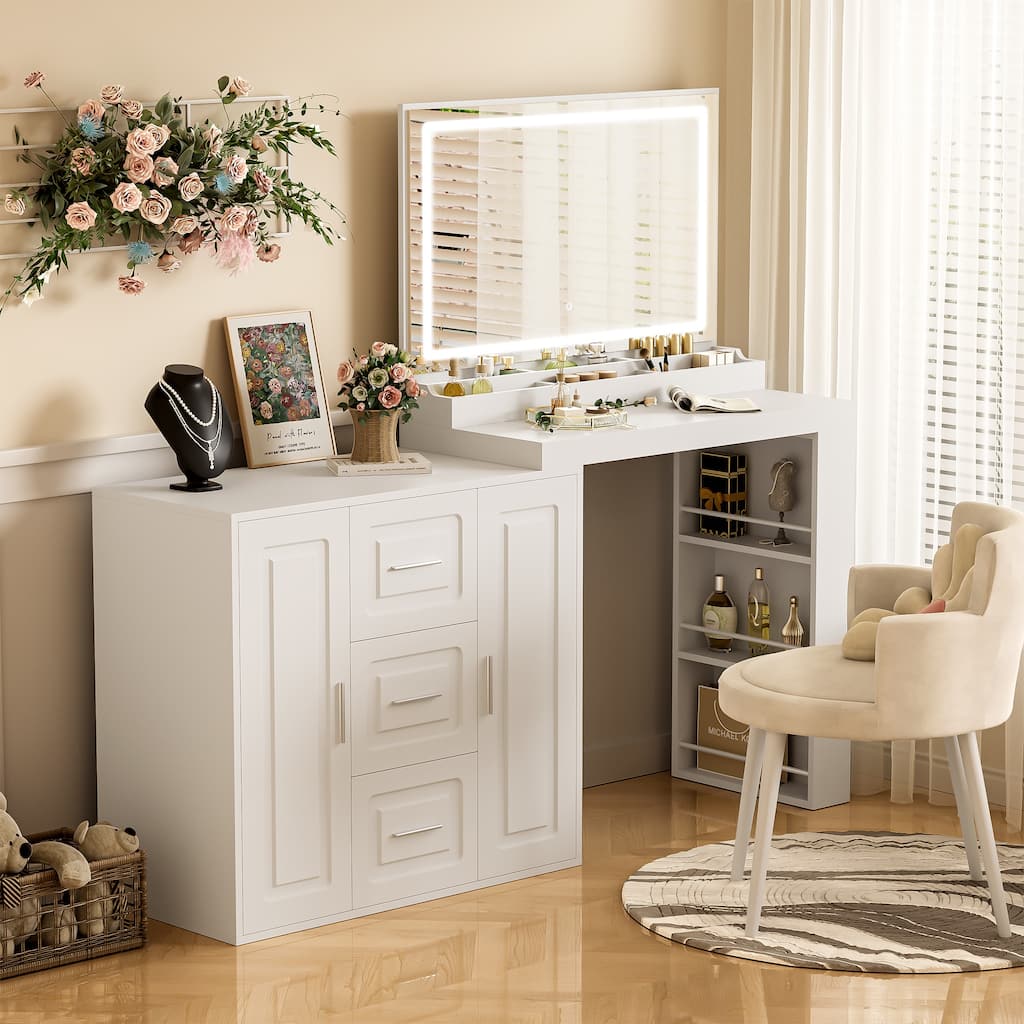 59" Vanity Desk with Mirror and Lights, Dressing Table with Storage Shelves, 3 Drawers and 2 Cabinets