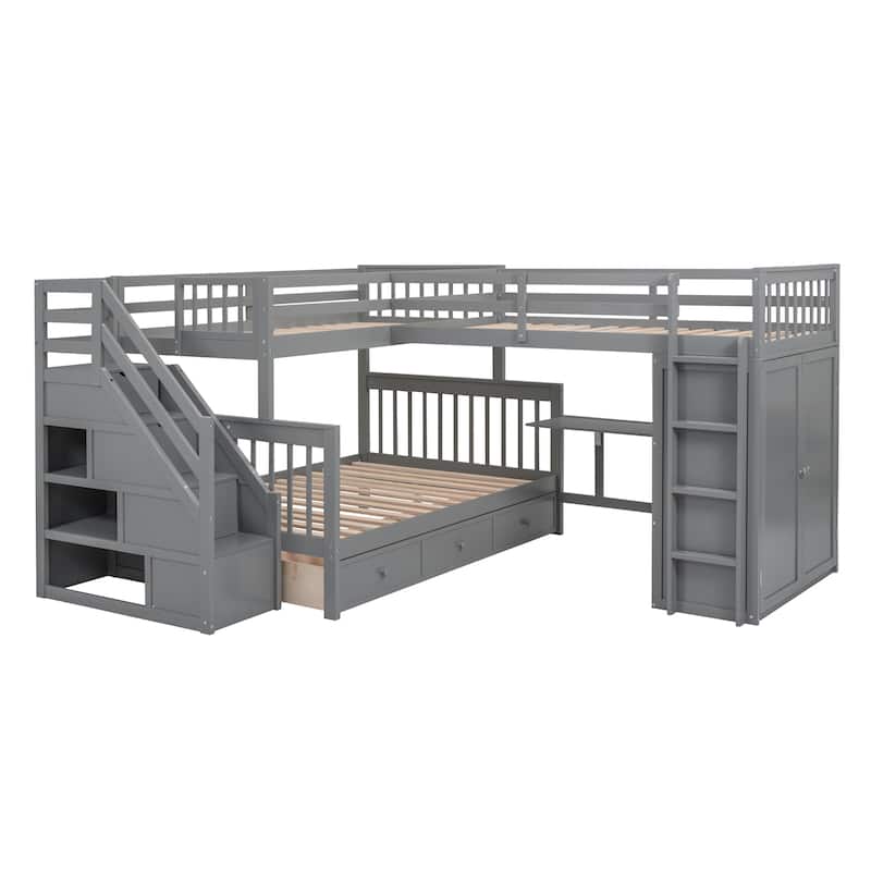 L-Shaped Bunk Bed With 3 Drawers, Portable Desk and Wardrobe