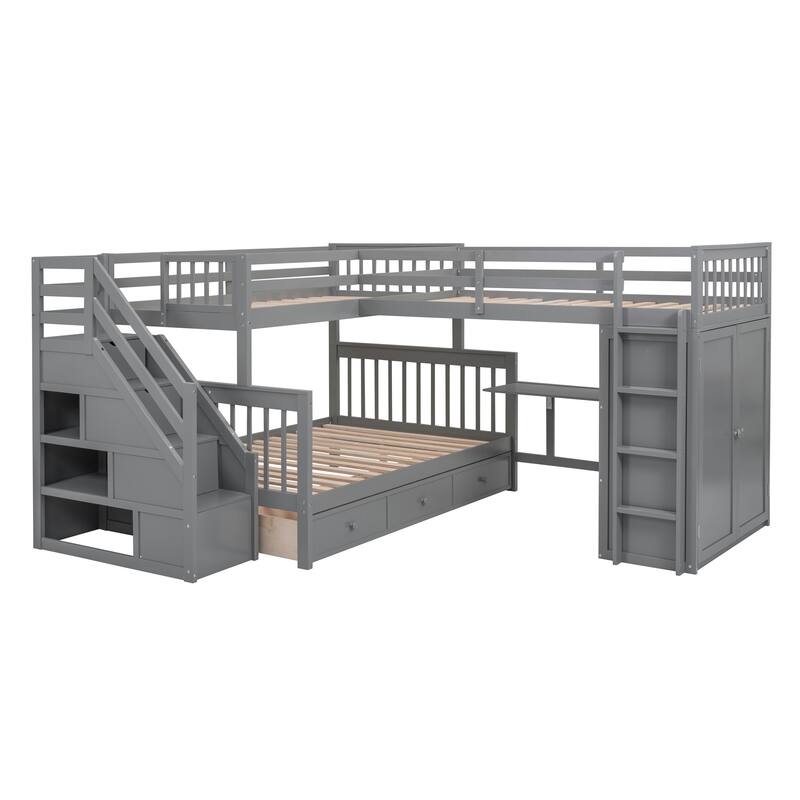 TwinTwin Over Full LShaped Bunk Bed With 3 Drawers, Portable Desk and Wardrobe, Grey Bed
