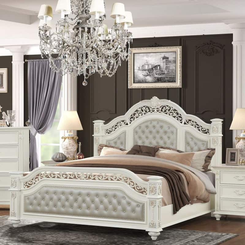 Marya White Tufted Leather Bedroom Set with Nailhead Trim