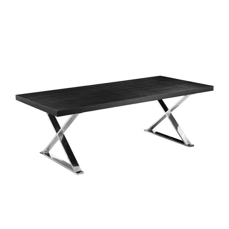 Rix 87 Inch Dining Table, Black Wood Top, X Chrome Finished Steel Legs