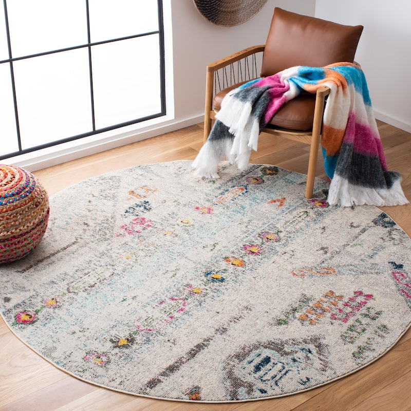 SAFAVIEH, Madison Sonya Abstract Boho Distressed Rug - 3' Round - Grey/Blue