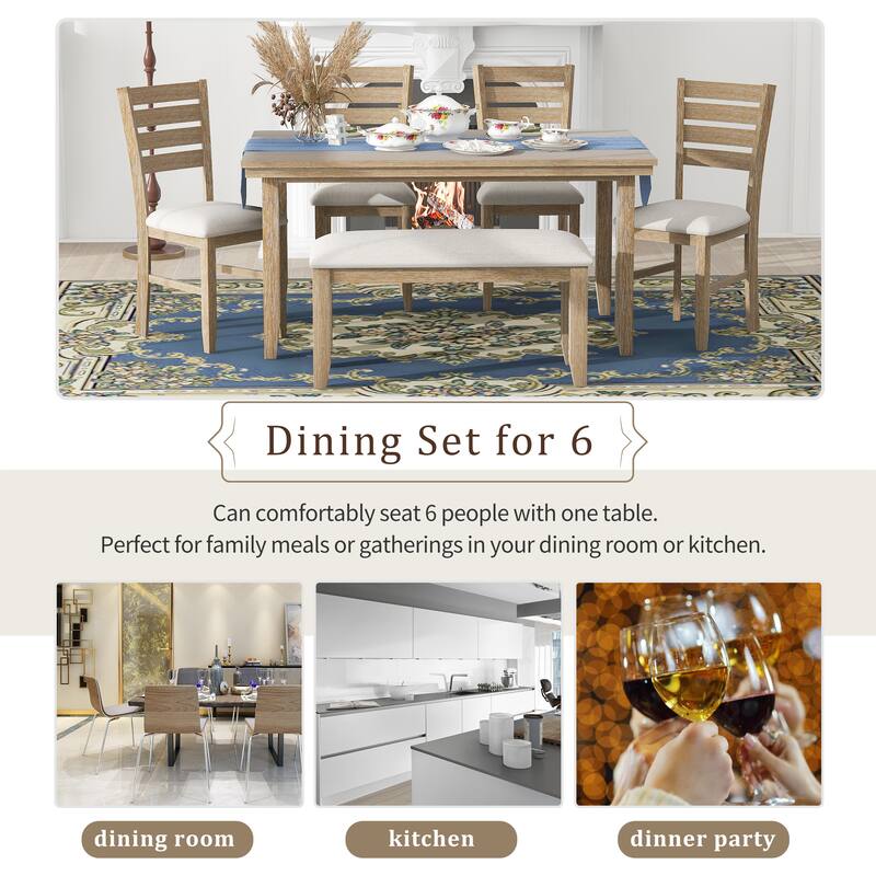 6 Piece Dining Table Set, Thickened Cushion Chairs & Bench, Kitchen Table Set, Tapered Legs, for Small Space, Apartment