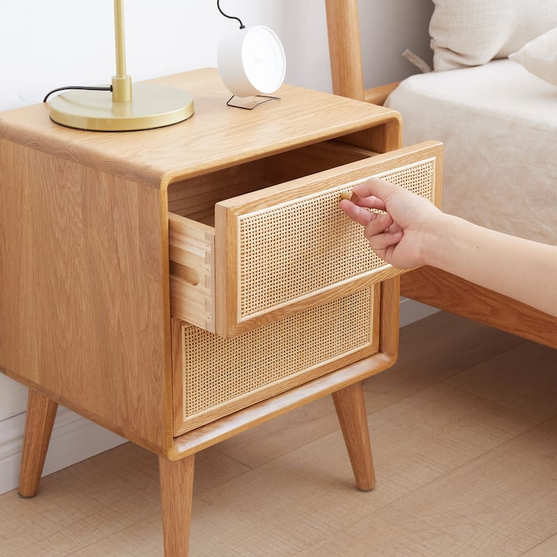 Christopher Knight Home - Maja Solid Oak Nightstand with Handmade Rattan Drawer and Tall Legs, 15.75" Wide Storage Cabinet