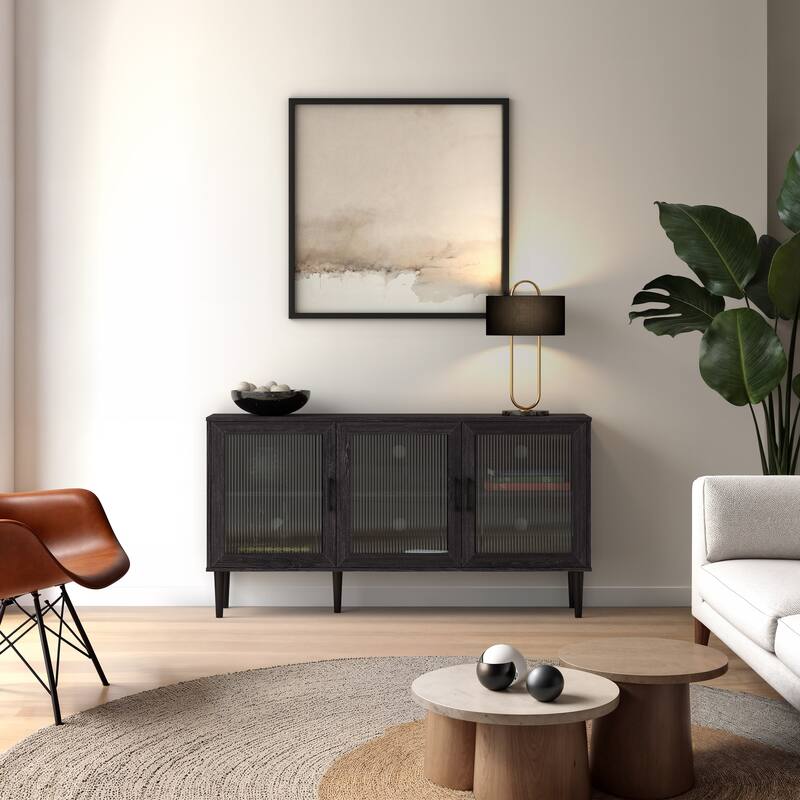Ethan 3 Fluted Glass Door Buffet Sideboard with Shelves - Distressed Dark Gray