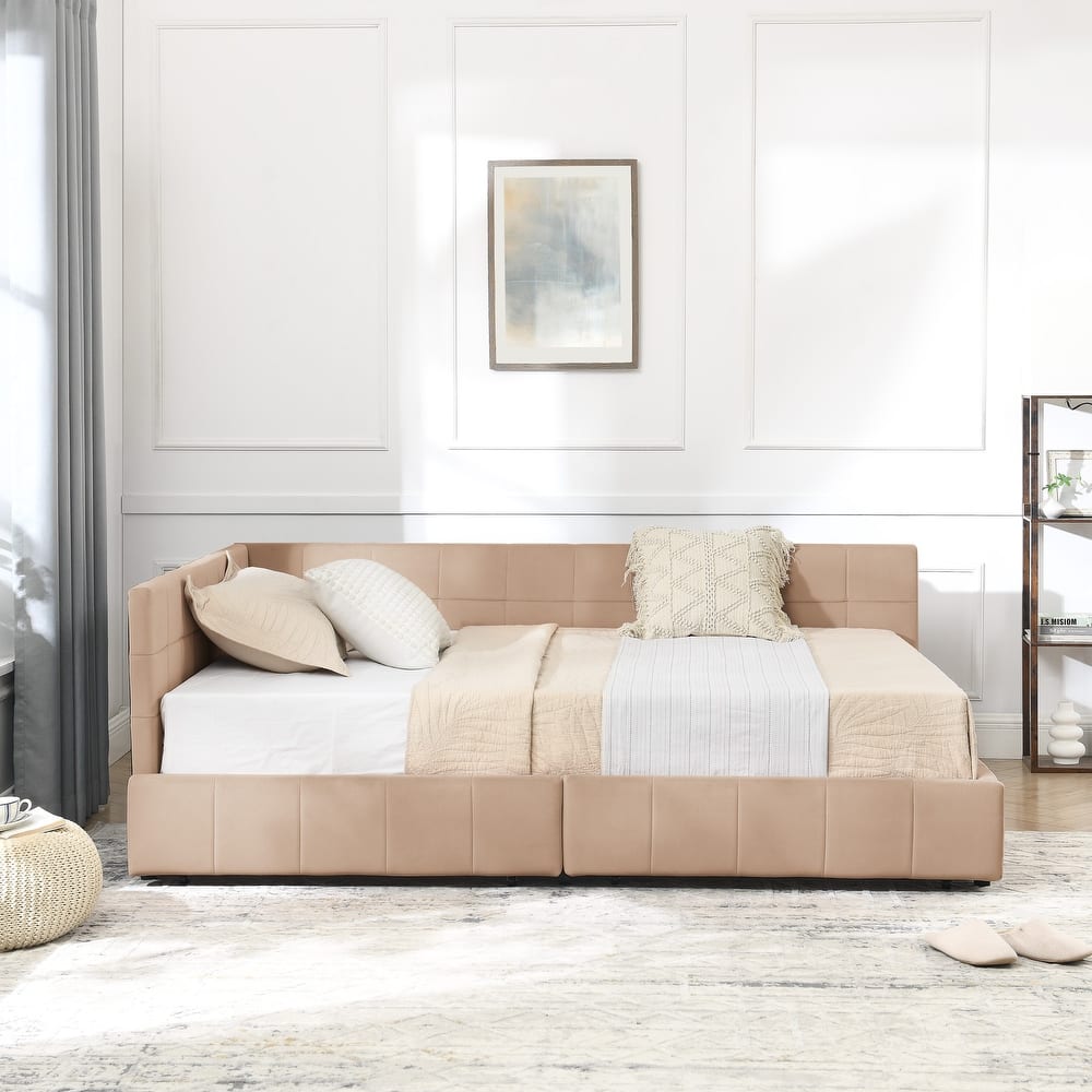 Full Size Living Room Upholstered Daybed, L Shaped Tufted Bed Frame, Velvet Fabric Storage Sofa Bed Frame with 2 Drawers