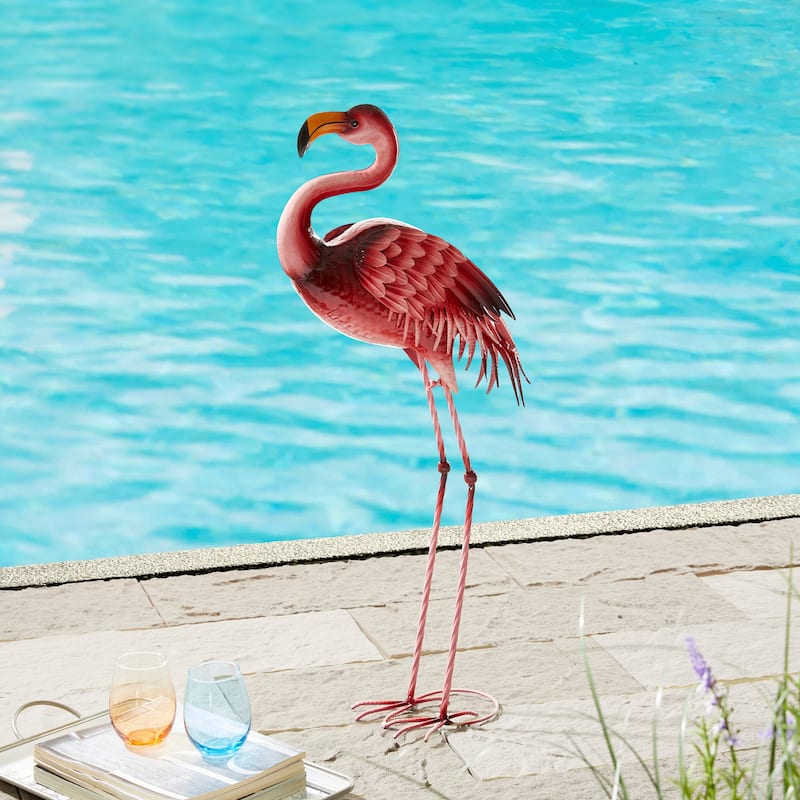 Glitzhome Metal Standing Crane Flamingo Garden Statue with Stakes Yard Art Sculpture Porch Decor