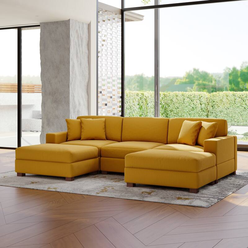 Modular Corduroy Sectional Sofa Set Chaise Couch with Ottoman - Orange-5 Piece