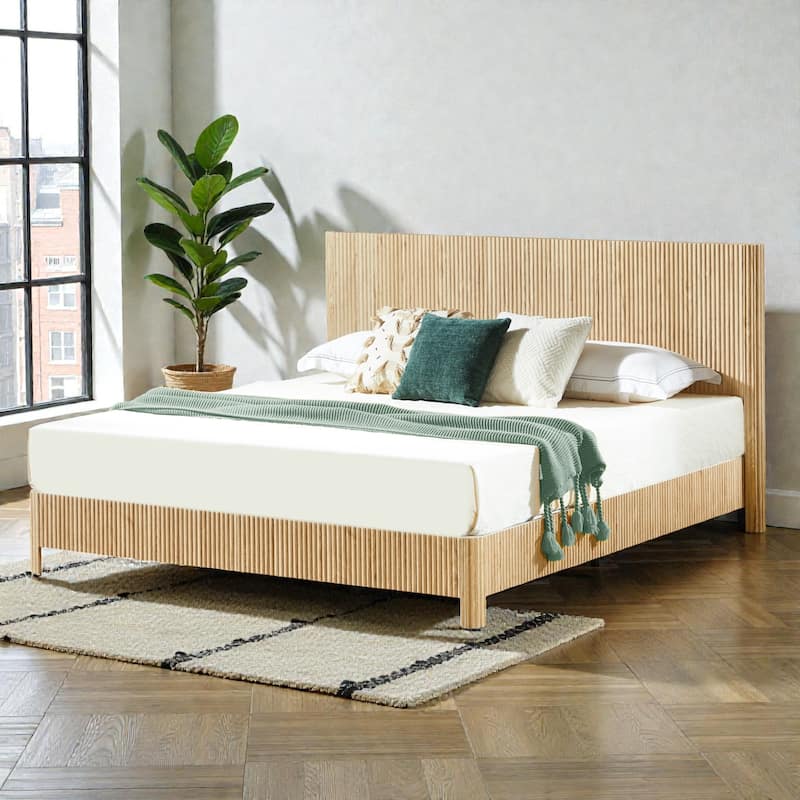 Wood Bed Frame with Corrugated Curved Wood Panels, Heavy Duty Metal Support, No Box Spring Needed - Oak - King