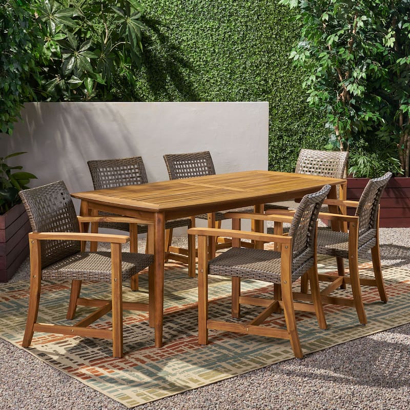 Botsford Outdoor 6 Seater Acacia Wood Dining Set by Christopher Knight Home - Teak Finish + Mixed Mocha