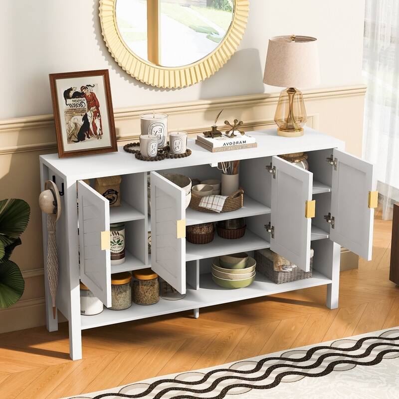 Modern 55.1" Storage Sideboard with 4-Doors, Multi Functional Buffet Table with Open Shelf and Adjustable Shelves