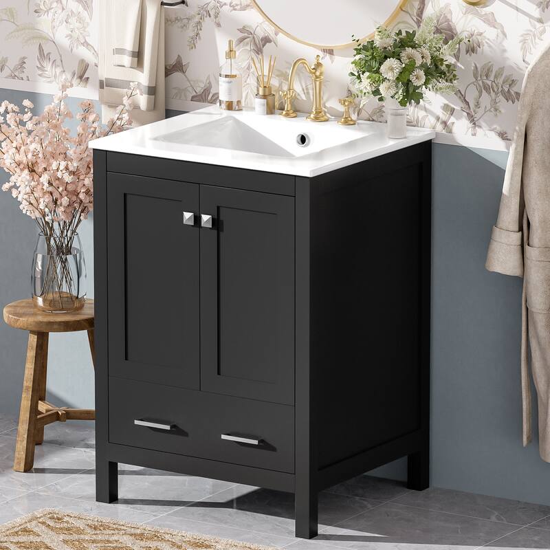 Bathroom Vanity with Sink, Multi-Functional Bathroom Cabinet, Bathroom Vanity with Door Shelf, Soft-Close Doors & 1 Drawer - Black