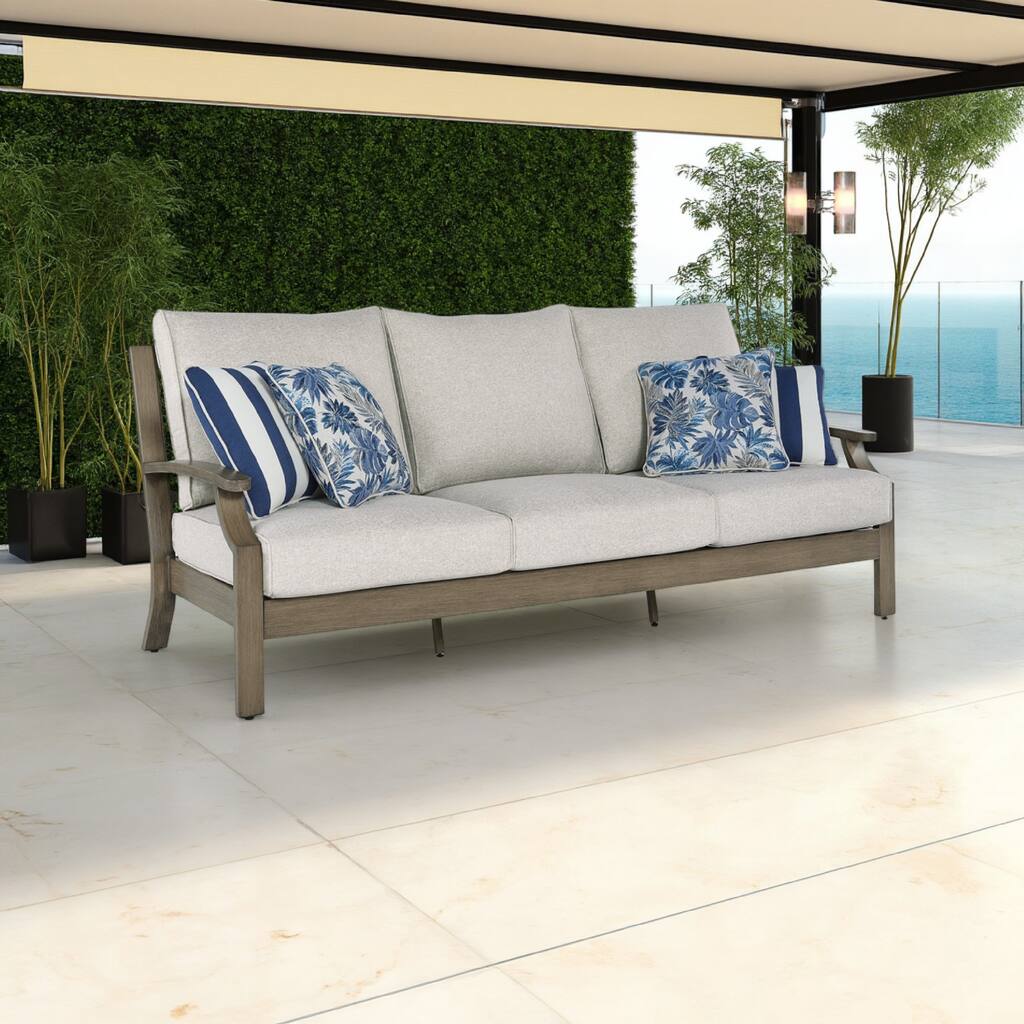 Inaya Outdoor Sofa, 4 Throw Pillows, Cream White, 89 Inch Brown Metal