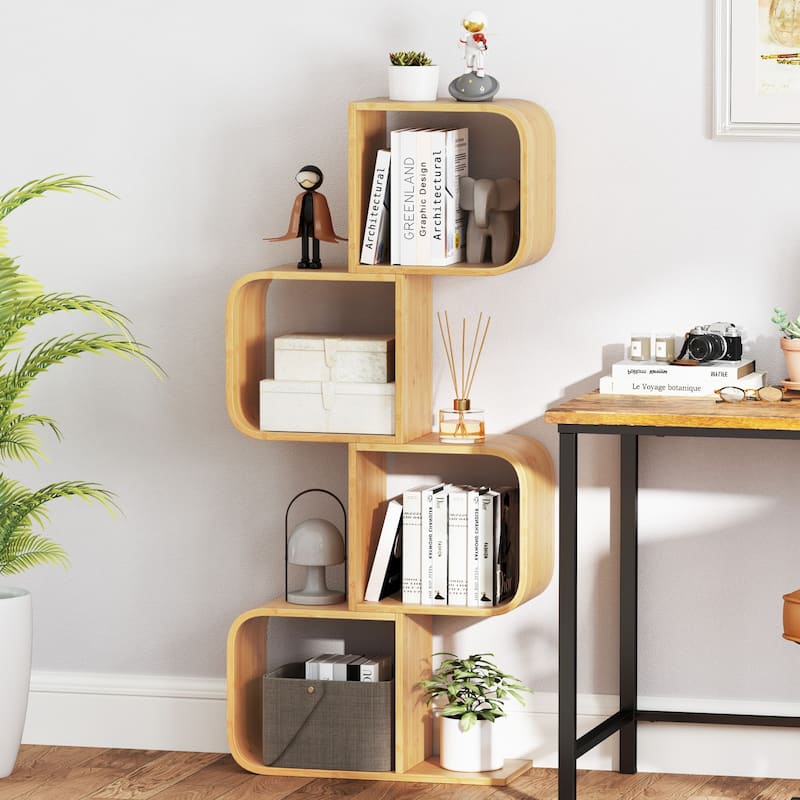 Natural Wicker S-Shaped Bookshelf 4-Cube Open Storage Shelf with Anti-Tip Kit - 24" L x 9" W x 26" H