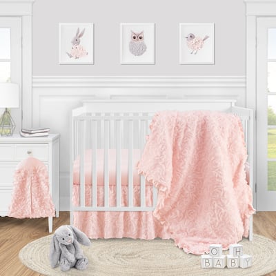Pink Floral Rose Girl 4pc Nursery Crib Bedding Set - Light Blush Flower Luxurious Elegant Princess Vintage Boho Shabby Chic Glam