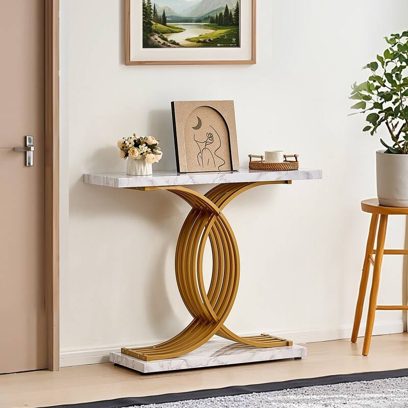 Faux Marble White MDF Metal Console Table, 1-Tier with Adjustable Feet - 39.4” L x 11.8” W x 31.9” H