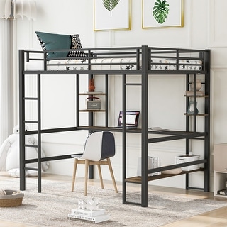 Metal&MDF Bed Full Size Loft with Long Desk and Shelves