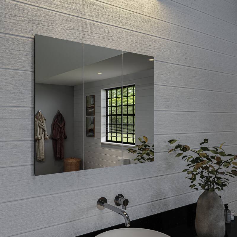 Croydex Thurmond Silver Triple Door Aluminum Medicine Cabinet, Easy Install, Surface Mount or Recessed 30W x 26H