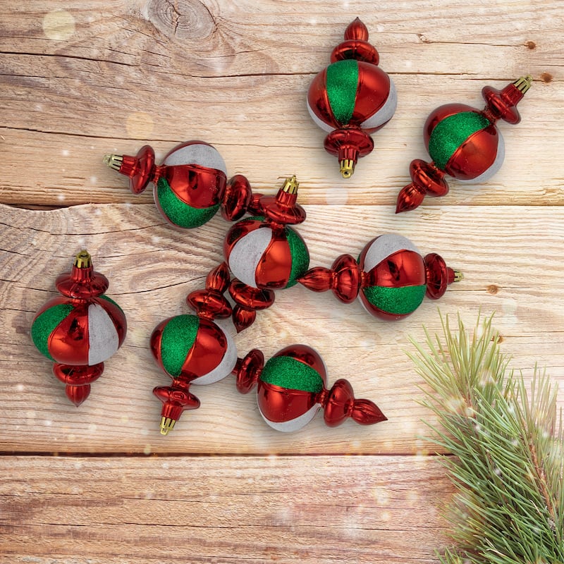 8ct Traditional Colors Shatterproof Finial Christmas Ornaments, 6"