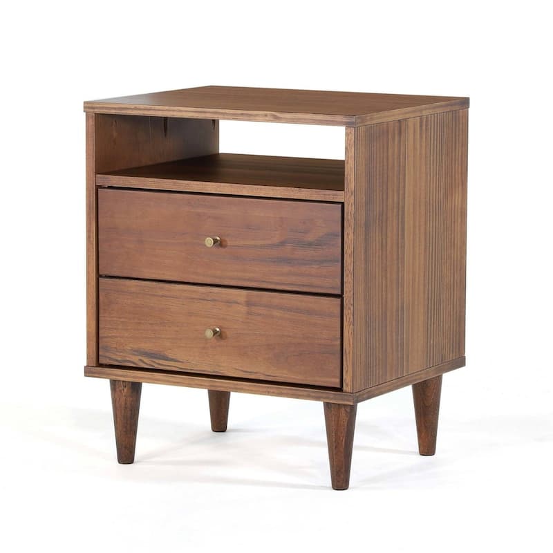 Farmhouse Rustic Mid Century 2 Drawer Nightstand - Walnut