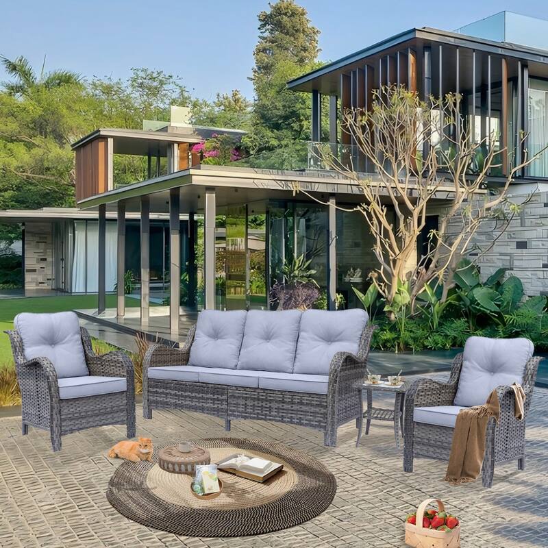 Gray Rattan Wicker High Back Outdoor Patio Furniture Sofa Seating Set