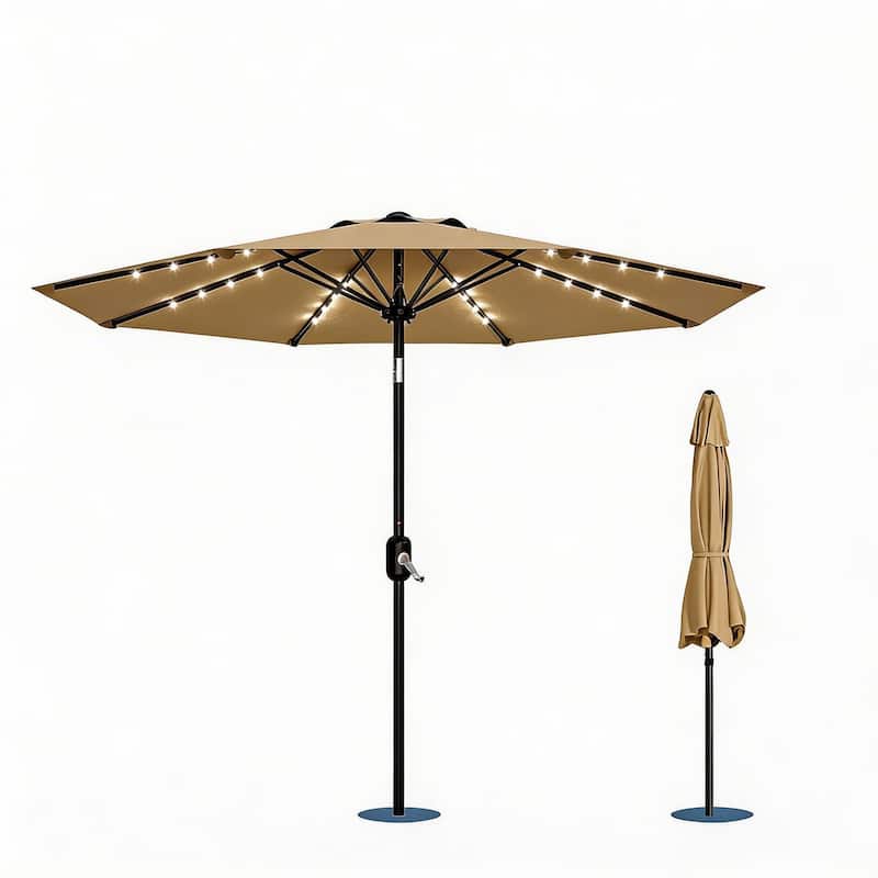 9 ft Patio Umbrella, 8 Sturdy Ribs, with Lights - Tan