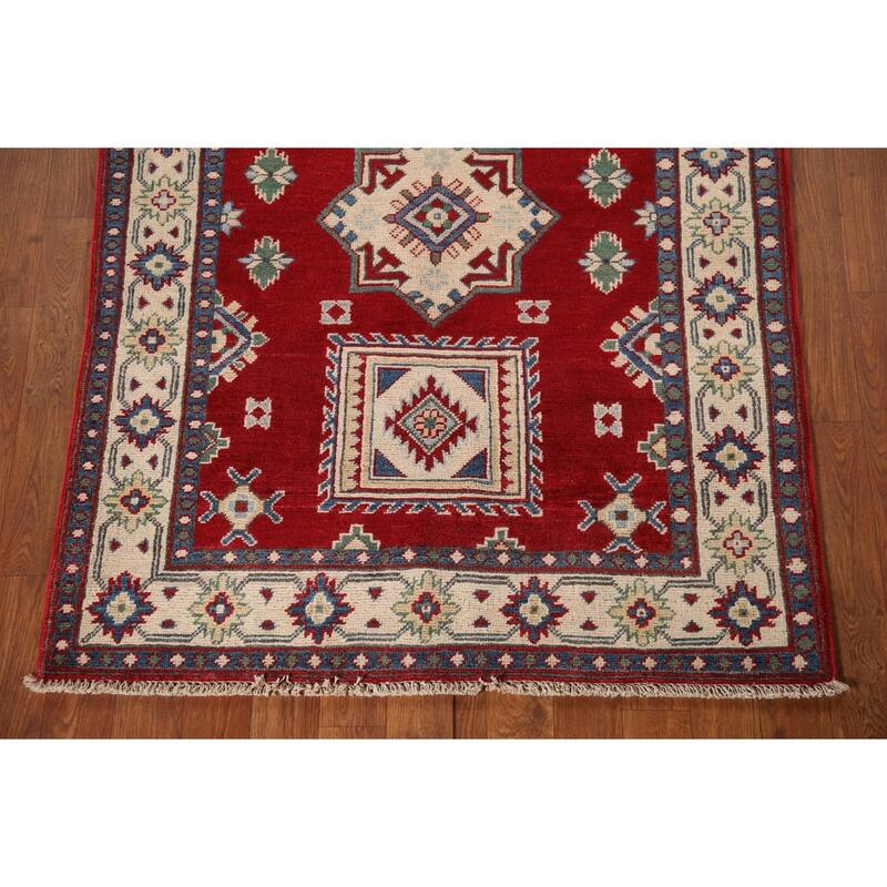 Geometric Red Kazak Oriental Accent Rug Handmade Wool Carpet - 3'3"x 4'6"