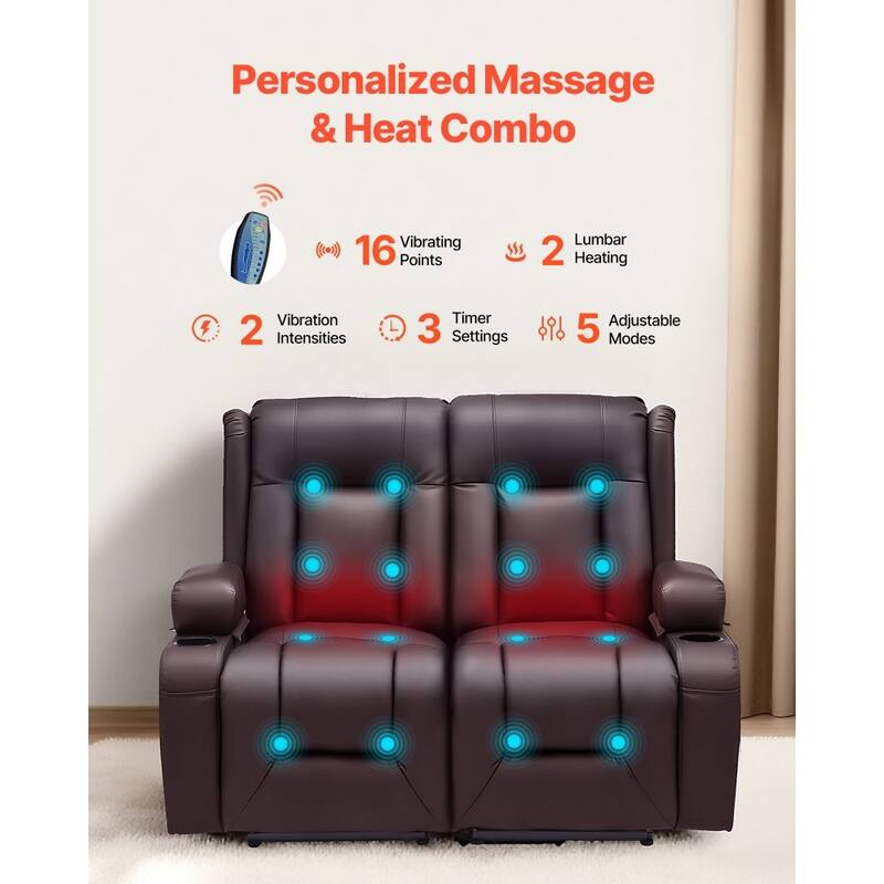 Brown PU Leather Electric Recliner Loveseat with Massage, Heat and USB Ports - 54.5 x 36.2 x 40.9 in