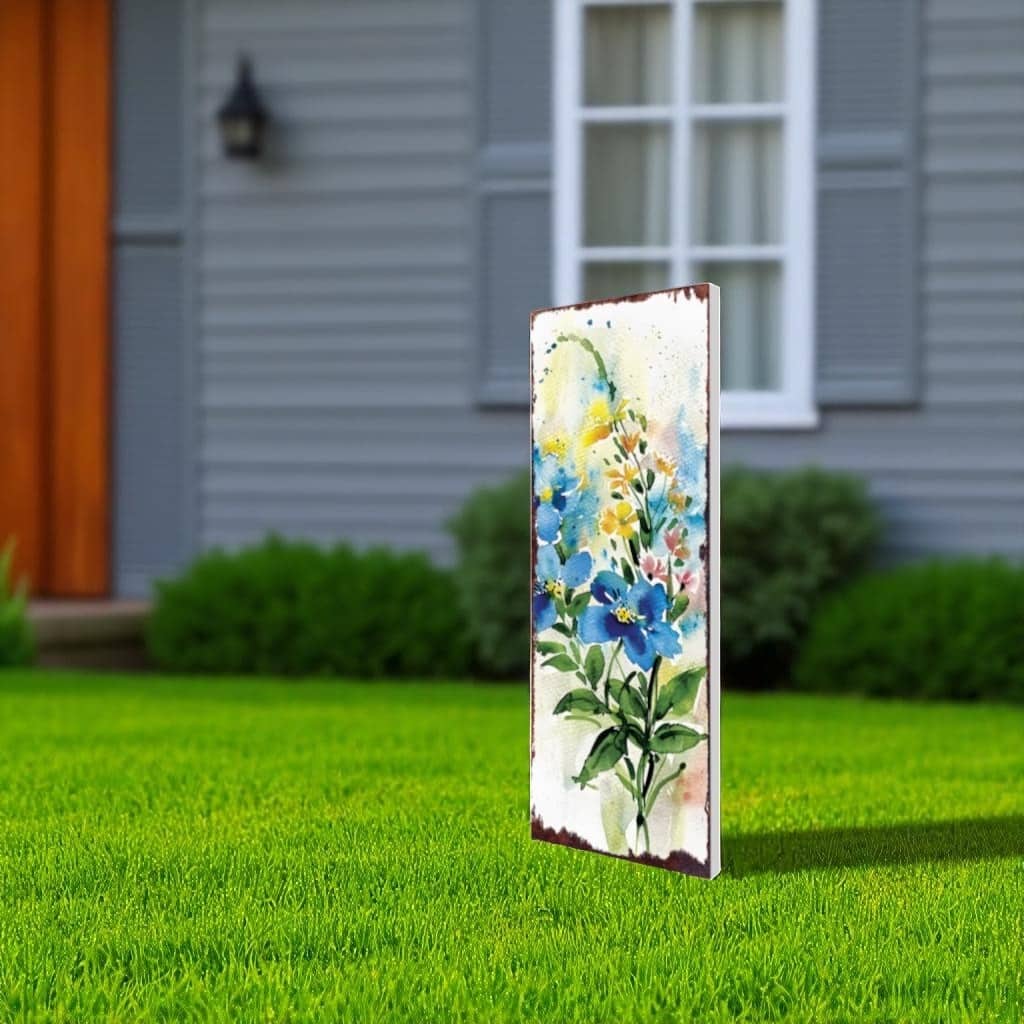 HomeRoots 33" Blue White And Yellow Solid Wood Watercolor Floral Garden Stake