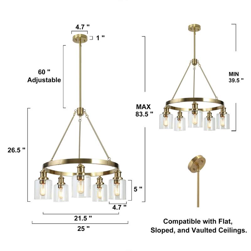Oriva Modern 5-Light Gold Wagon Wheel Chandelier with Clear Glass Shades - Brushed Electroplated Copper - Dia.25"xH26.5"
