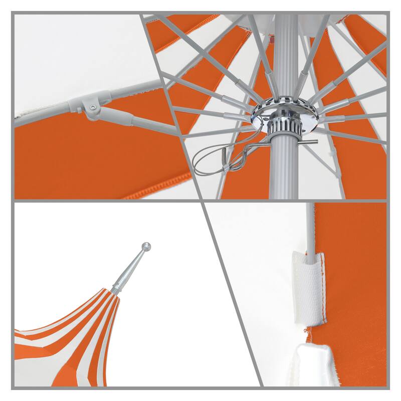 California Umbrella 8.5' Pagoda Series Patio Umbrella Silver Anodized Aluminum Pole Push Lift Sunbrella Natural & Pacific Blue