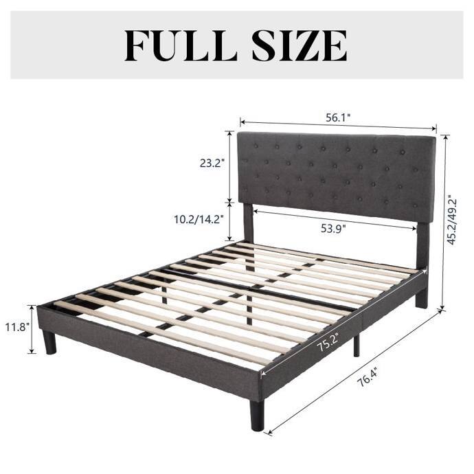 Low Profile Grey Linen Platform Bed with Button Tufted Headboard