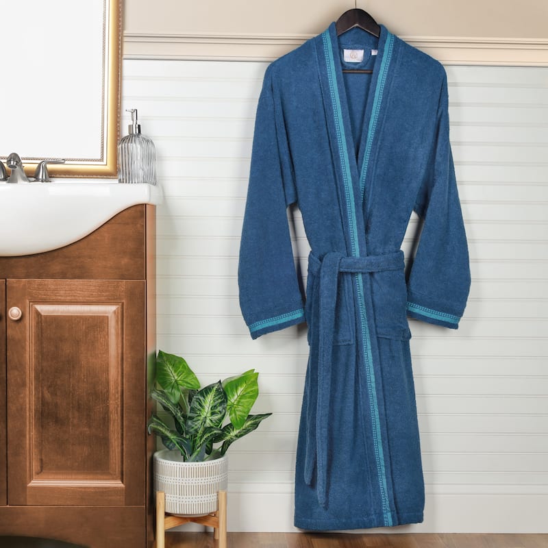 Superior Unisex Turkish Cotton Terry Kimono Bathrobe with Embroidery Robe - Medium - Aqua/Blue