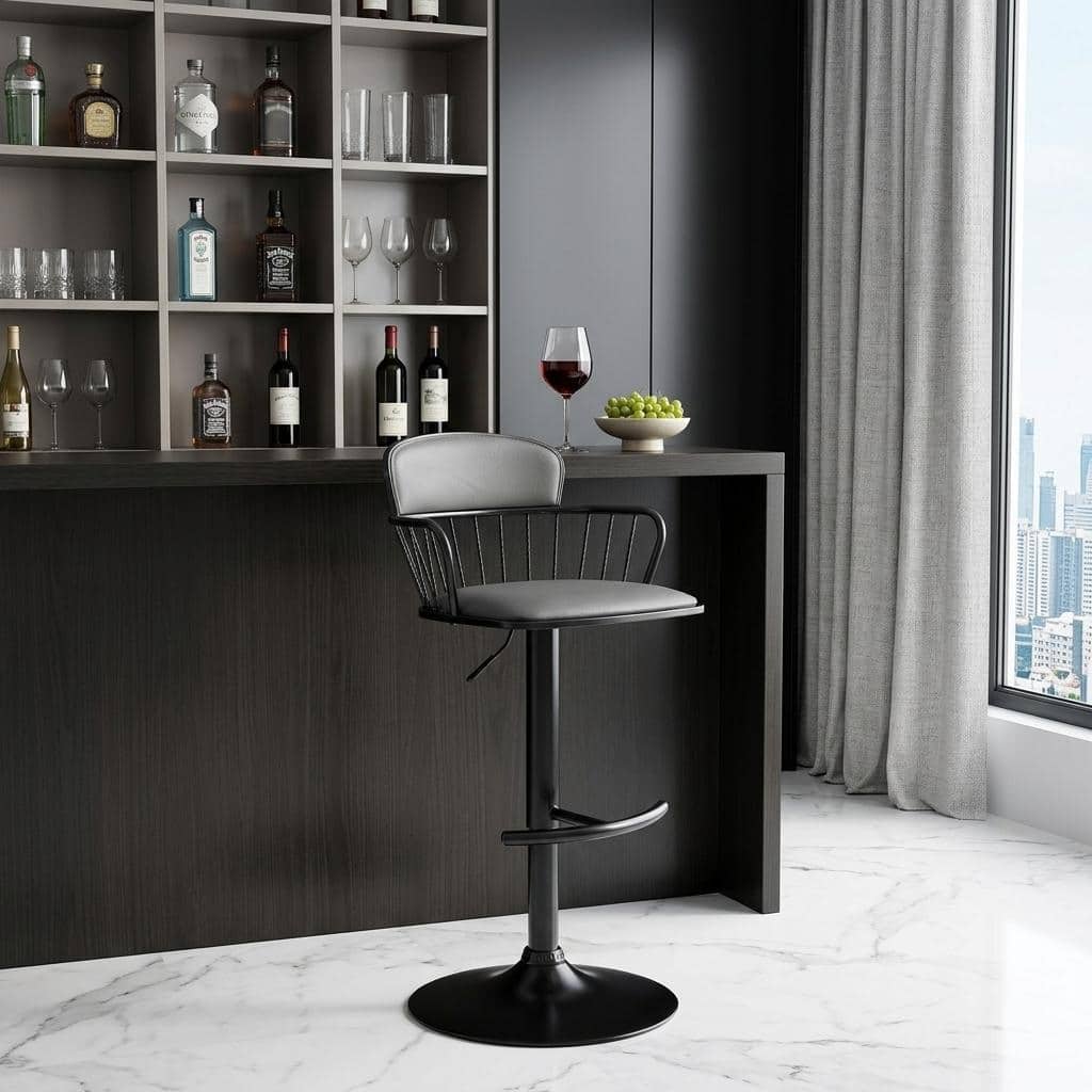 HomeRoots Gray and Black Faux Leather with Metal Swivel Low Back Adjustable Height Bar Chair