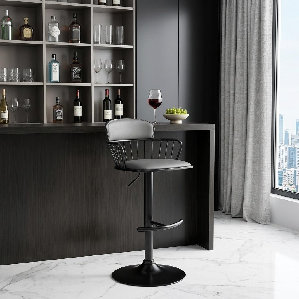 HomeRoots Gray and Black Faux Leather with Metal Swivel Low Back Adjustable Height Bar Chair