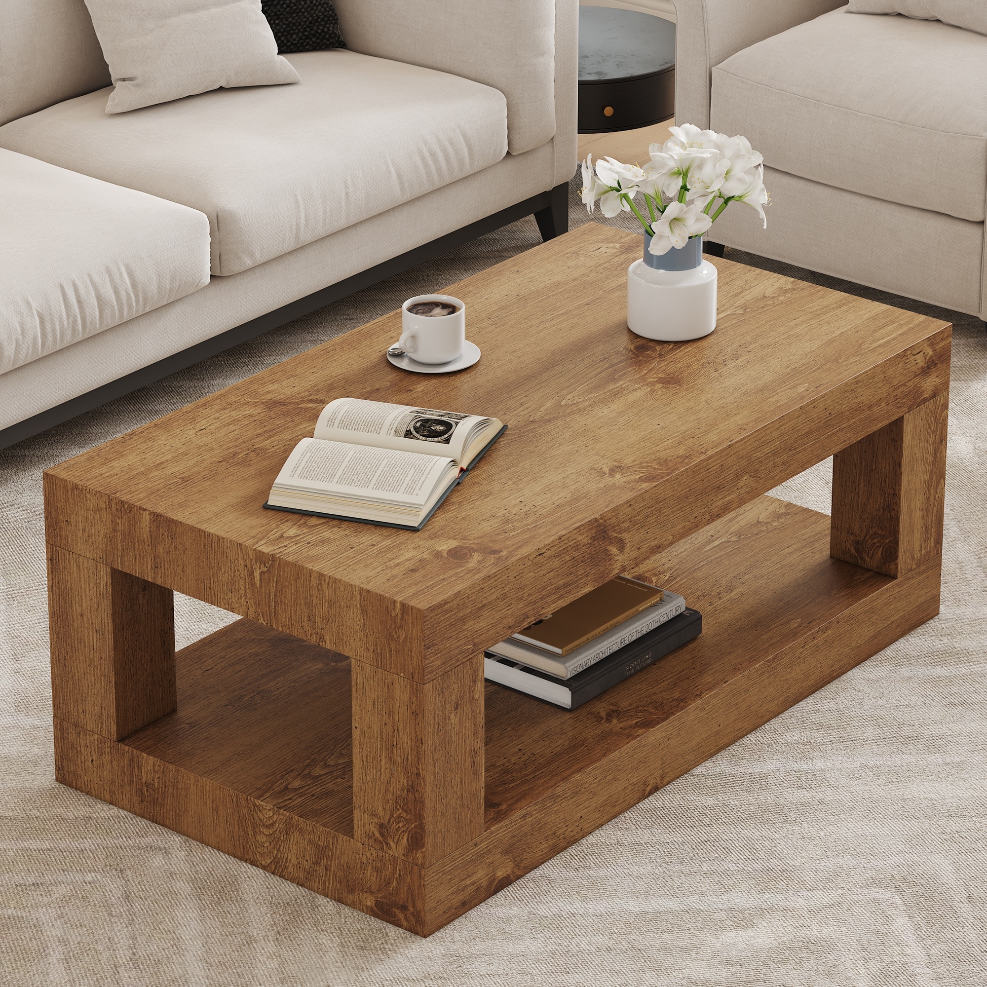 2-Tier Coffee Table Rectangular Center Table with Open Storage Shelf, Sofa Table Side Table End Table