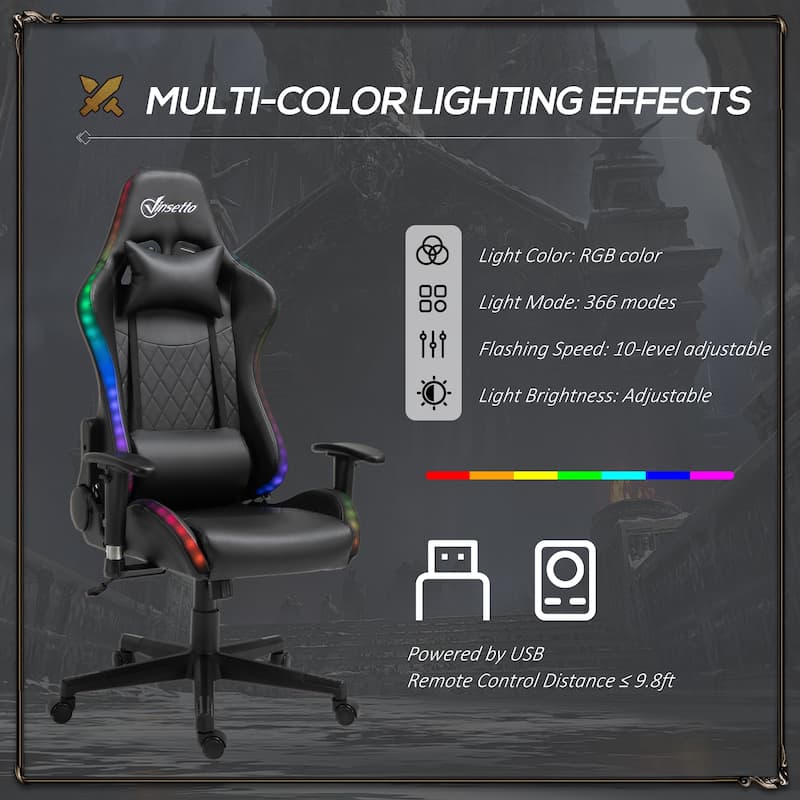 Vinsetto Gaming Chair with RGB LED Light, 2D Arm, Lumbar Support, Swivel Home Office Computer Recliner - 26.75" x 26.75" x 53.5"