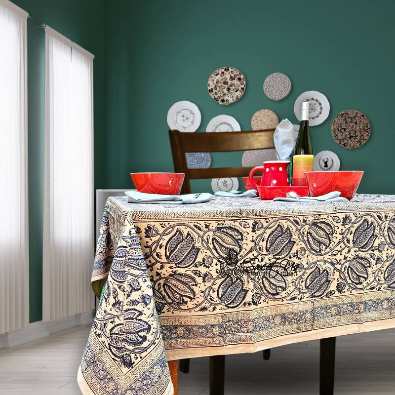 Vegetable Dye Tulip Floral Block Print Tablecloth Collection - 60 x 90 in - Blue