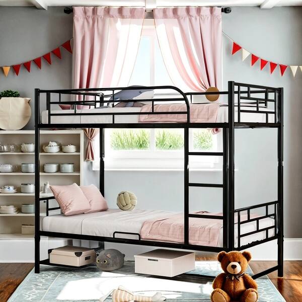 slide 2 of 12, Metal Loft Bed with Storage Space and Ladder, Twin Over Twin Black
