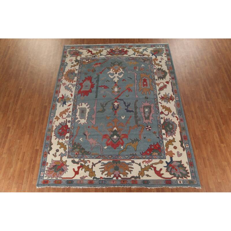 Floral Blue Oushak Oriental Area Rug Hand-Knotted Wool Carpet - 9'3" x 12'0"