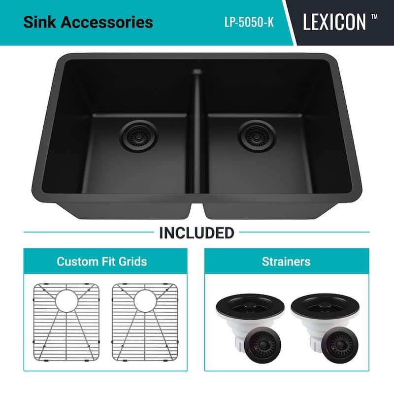 Lexicon Granite 32 Inch 50/50 Double Bowl Undermount Kitchen Sink Kit