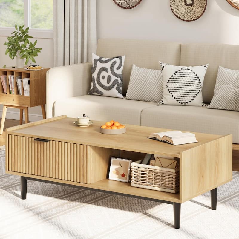 Center Table Fluted Coffee Table with Drawers
